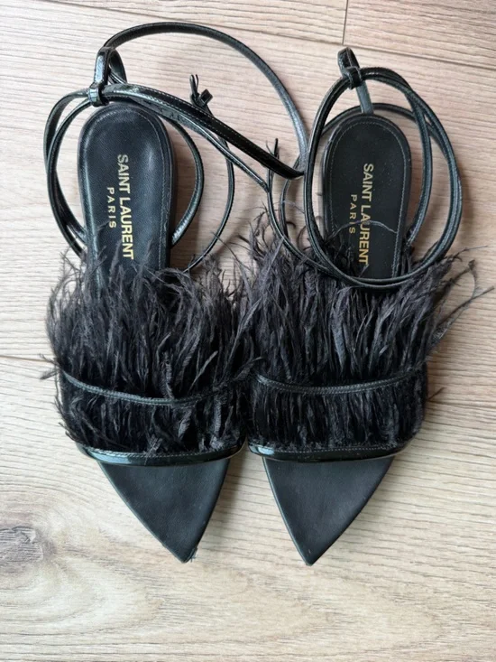 Saint Laurent Ostrich Black Feather-Trim Pointed sandals - Picture 3 of 17